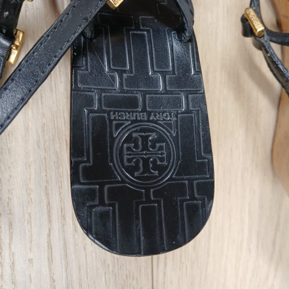 Tory Burch Sandals Women's 8.5 Black Leather Wedge Cork T Strap Thong Summer